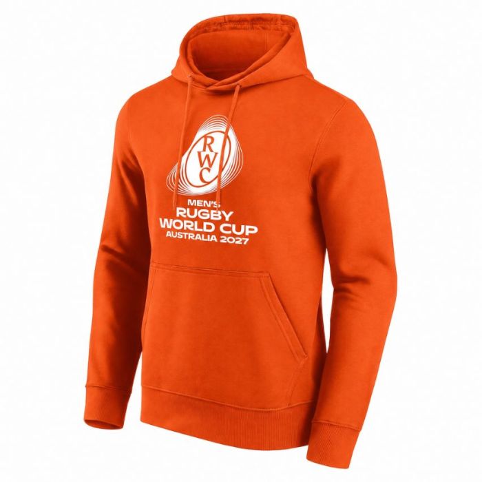 Orange rugby hoodie embroidered logo World Cup 2027 front
