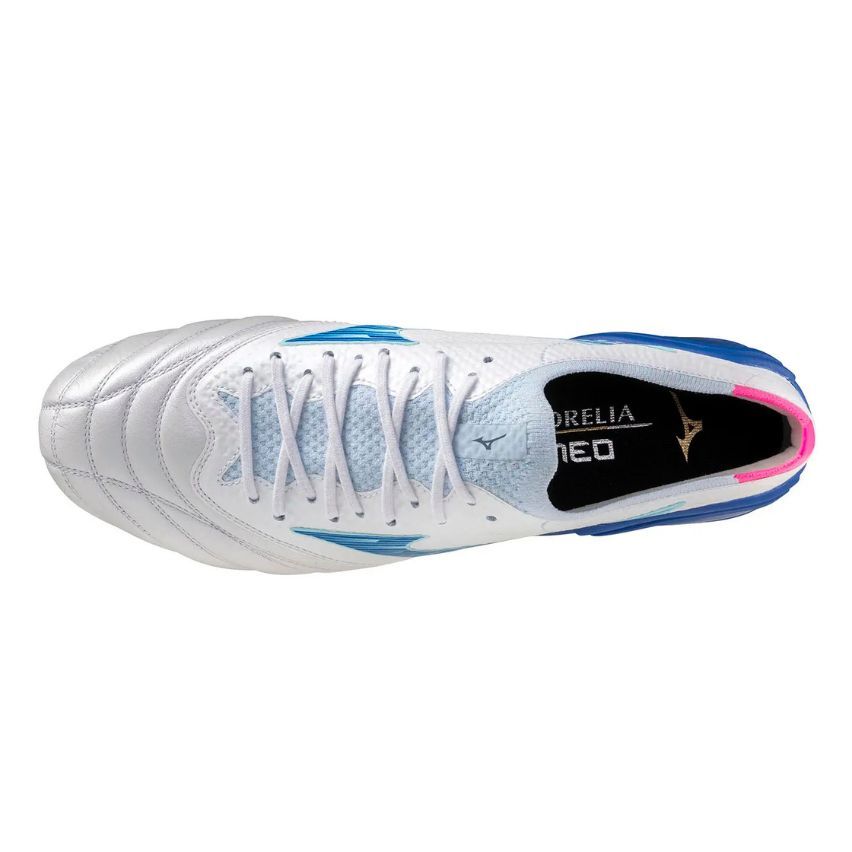 Chaussures Rugby Morelia Neo IV B Elite SI Rugby Vissée Terrain Gras Blanc et Bleu - Mizuno
