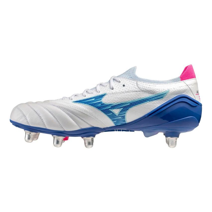 Chaussures Rugby Morelia Neo IV B Elite SI Rugby Vissée Terrain Gras Blanc et Bleu - Mizuno