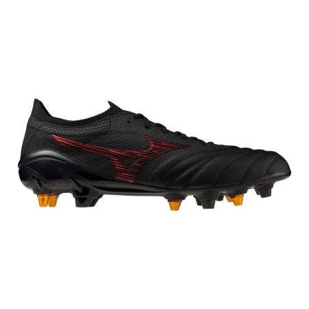Side view of Mizuno Morelia Neo Beta black leather rugby boot