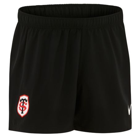 Detail of embroidered Stade Toulousain badge on Nike stadium black shorts