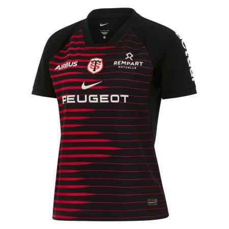 Women's Stade Toulousain Nike black rugby jersey with red stripes front view