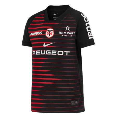 Back view of Stade Toulousain Nike Stadium children's rugby jersey black with red stripes