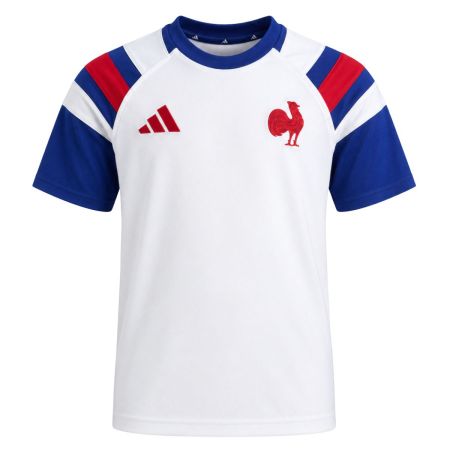 Adidas France rugby kids t-shirt white royal blue tricolour front