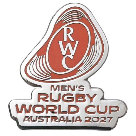 Silver Rugby World Cup Australia 2027 pin orange RWC logo relief chrome