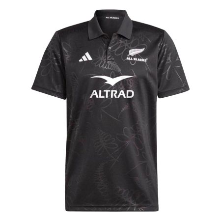 Black All Blacks adidas polo with silver fern motif laid flat