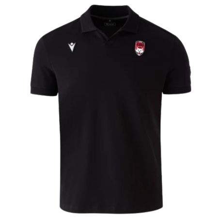 LOU Rugby Travel Polo Black Macron front view embroidered emblems