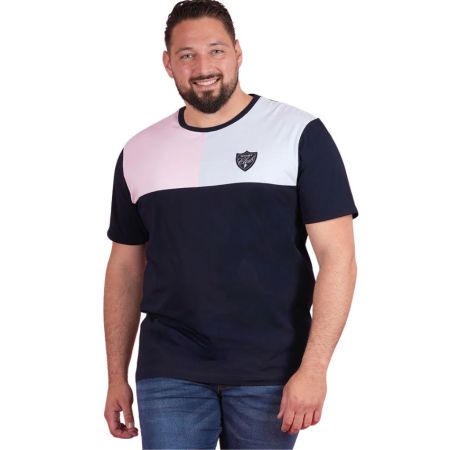 T-shirt color block bleu marine, empiècement rose et bleu ciel