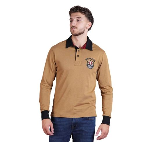 Long Sleeve Maori Rugby Polo Dark Beige - Ruckfield