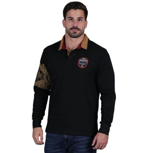 Long Sleeve Maori Rugby Polo Black - Ruckfield